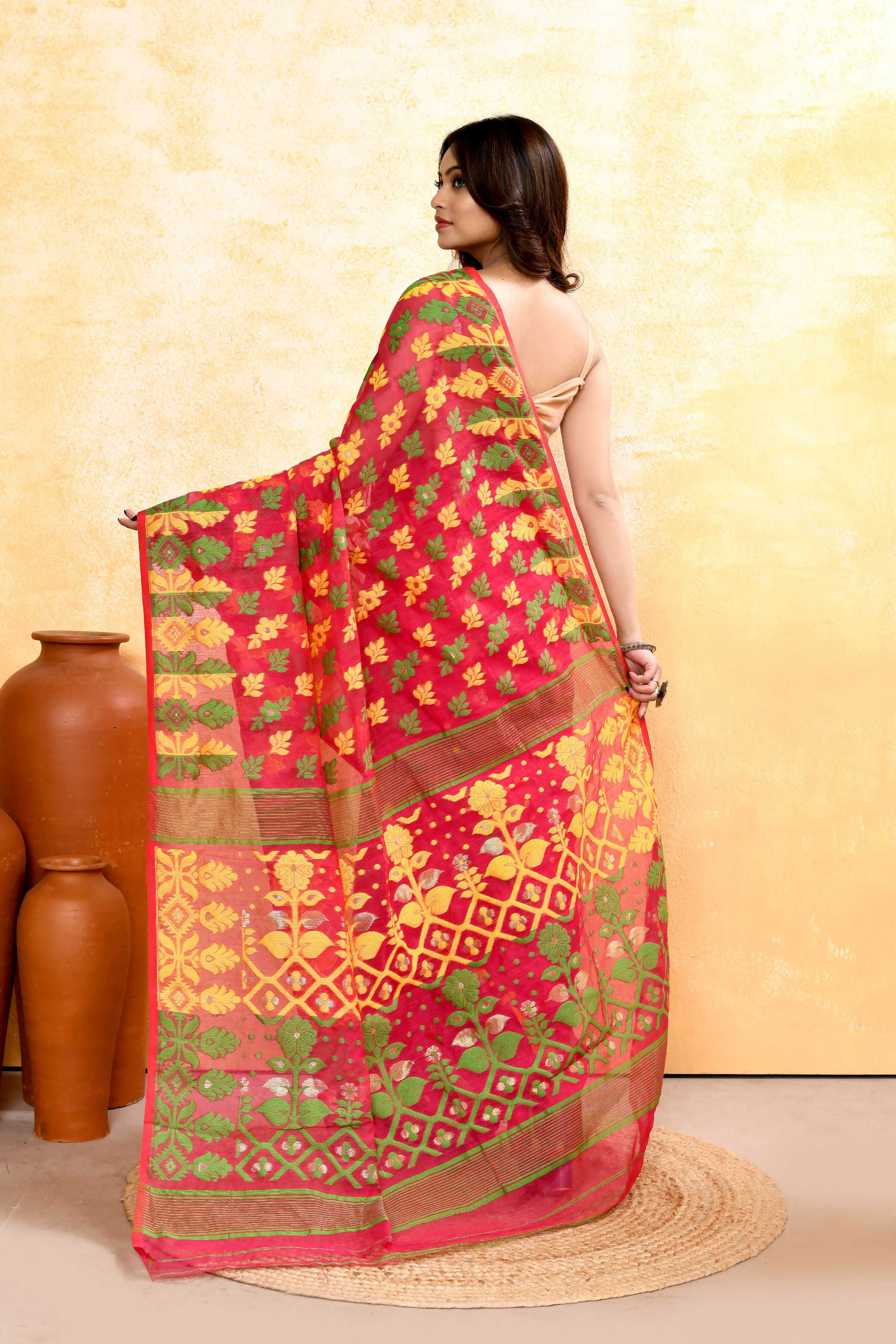 Piyari Fashion Women's Red Embellished Cotton Blend Jamdani Saree