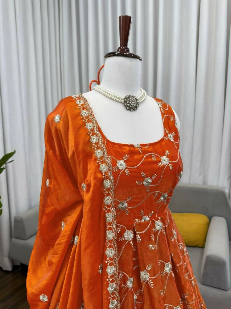 Teeya Creation Orange Color Fendy Silk Heavy Embroidery Work Wedding Wear Long Gown