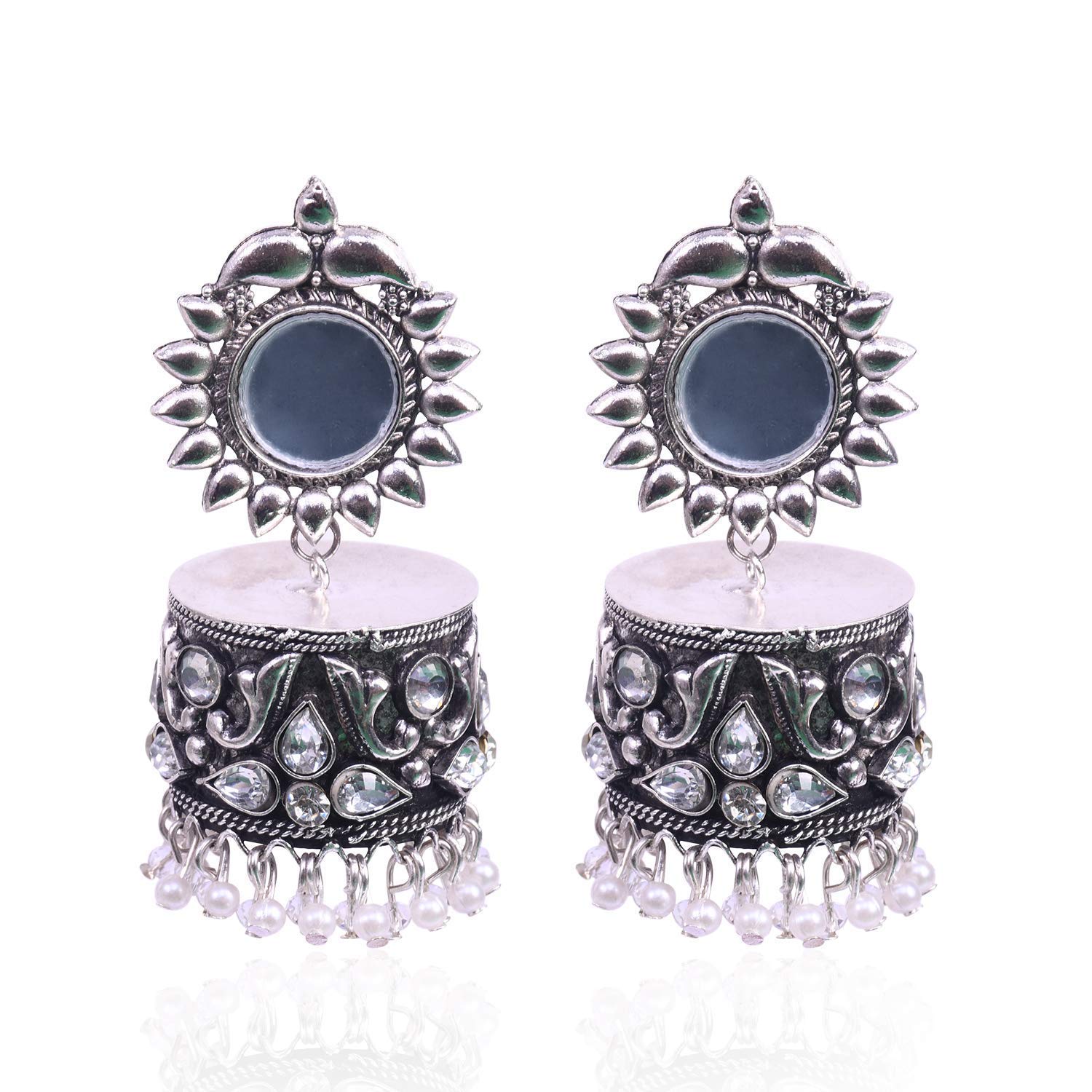 Rhodium-Plated Alloy Silver Plated Mirror Jhumki Earring - The Pari
