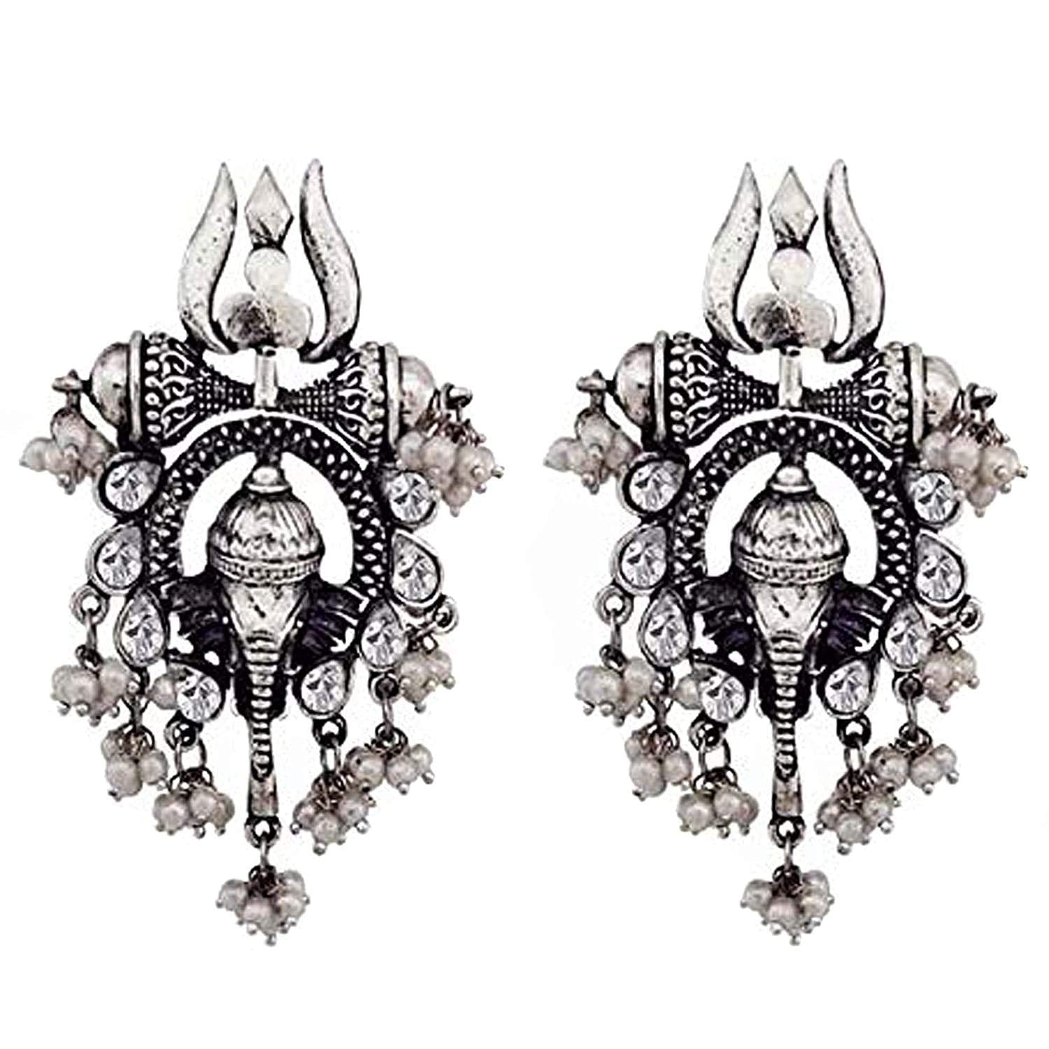 Rhodium-Plated Alloy Ganesh Ji Shaped Silver Earrings - The Pari