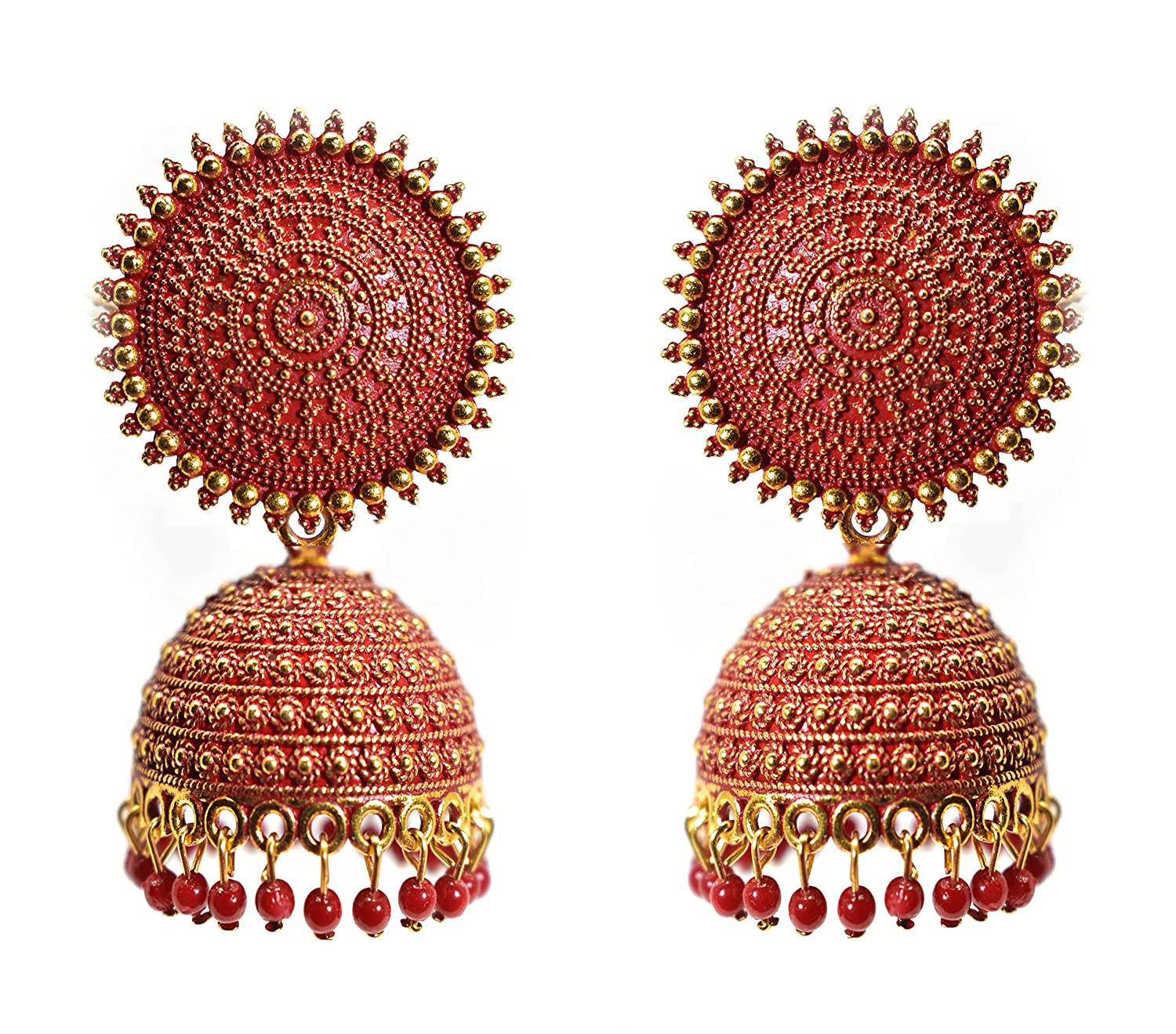 Gold-Polished Alloy Red Sun Shaped Jhumka Earrings - The Pari