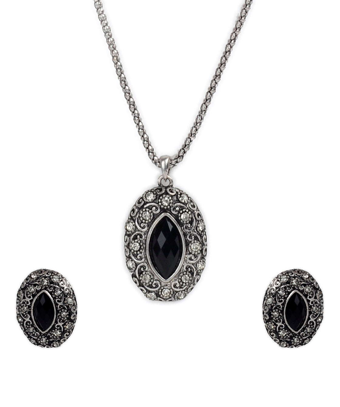 Silver-Plated Alloy Black Stone Pendant Necklace - The Pari