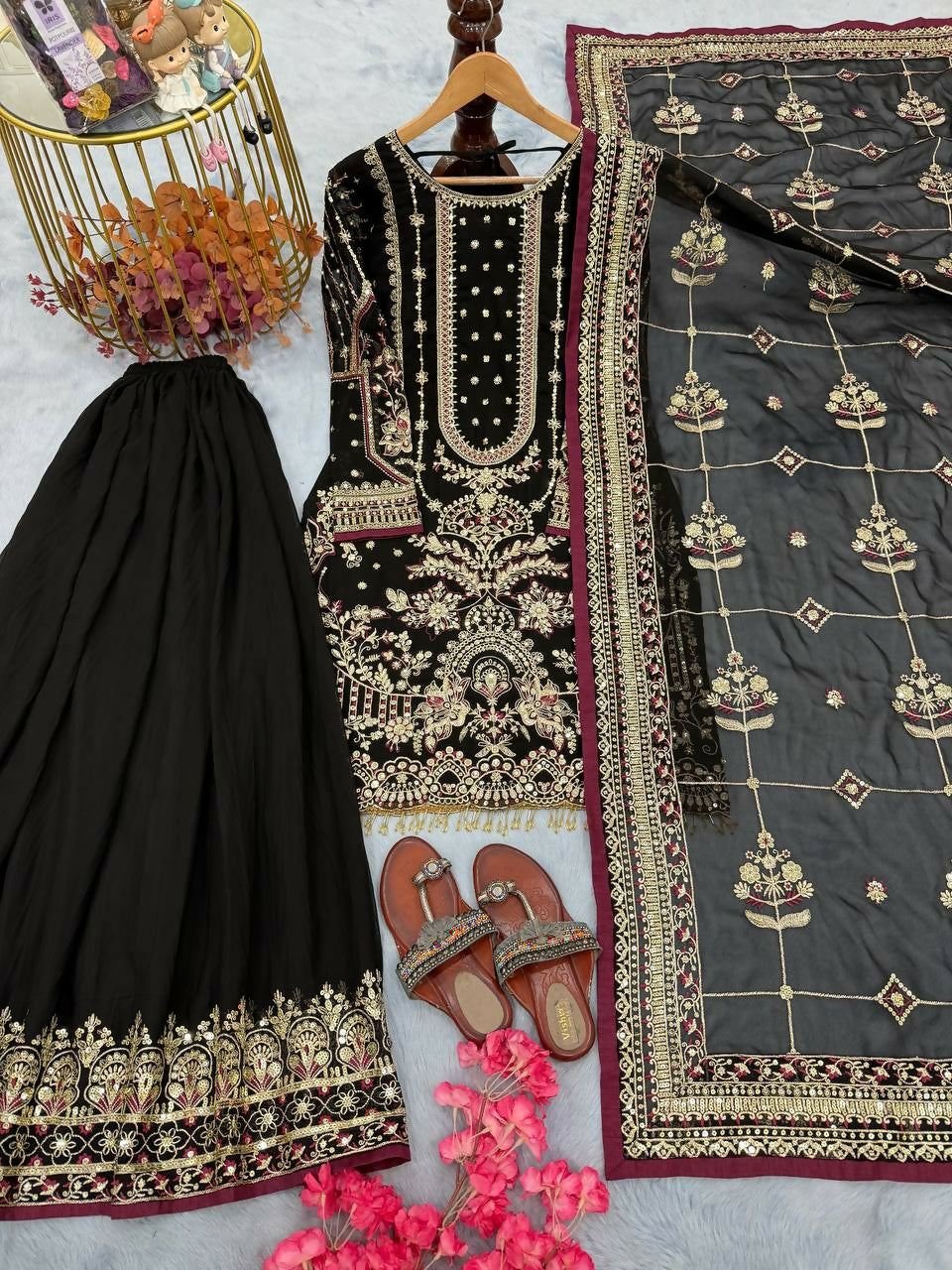 Teeya Creation Black Faux georgette Designer heavy work Wedding Wear Palazzo pair