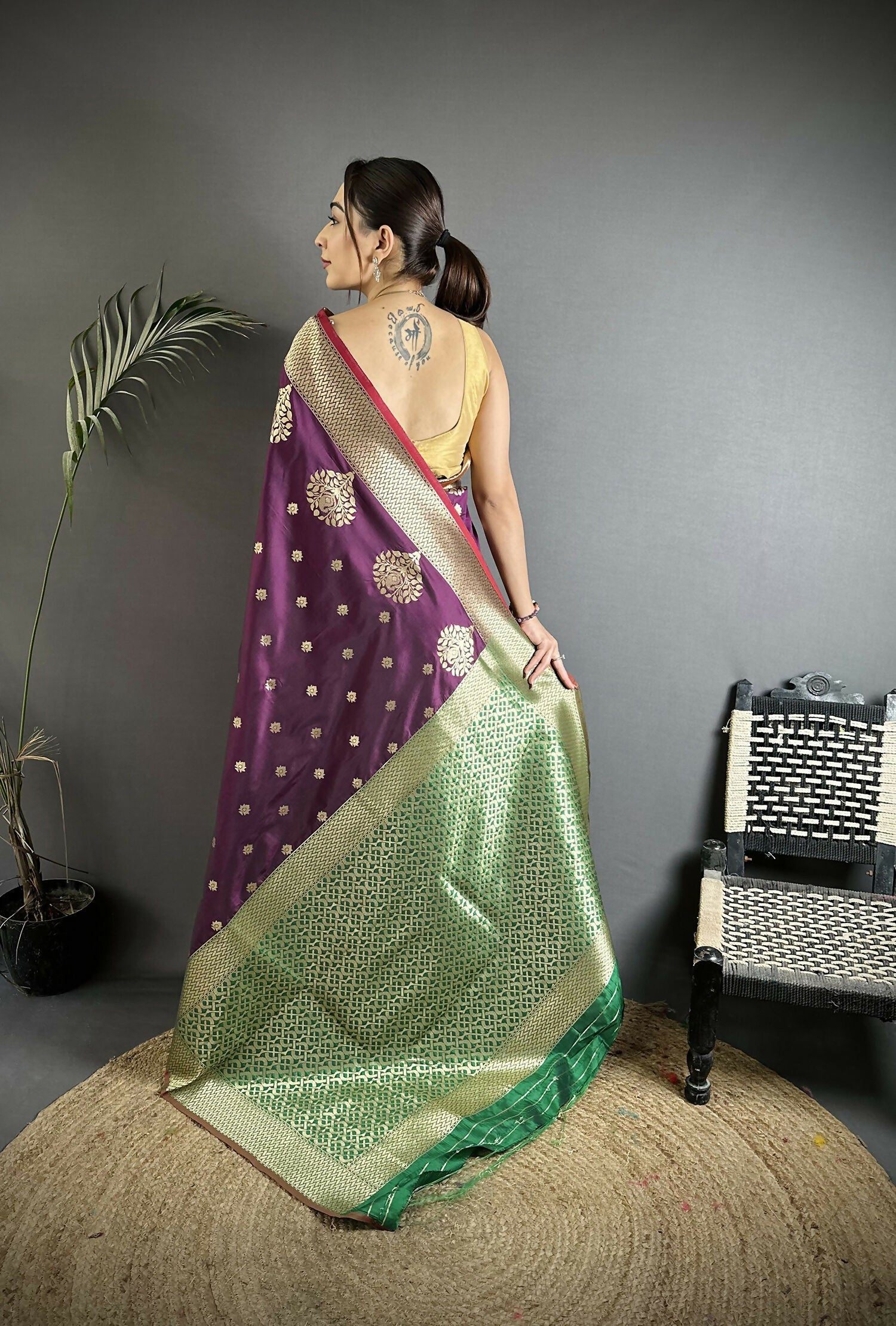 Joban Fashion Purple & Green Woven Butti Soft Silk Banarasi Silk Saree