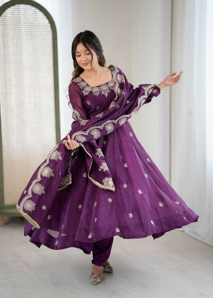 Teeya Creation Wine Color Crunchy Silk Embroidery Work Wedding Wear Gown