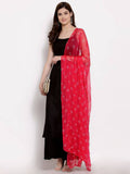 Myshka Women's Black Cotton Sleeveless Off Shoulder Solid Casual kurta Palazzo Dupatta Set