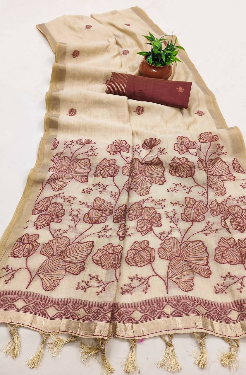 Vastranavya Cream Muga Cotton Meenakari & Azarakh Pallu Saree with Contrast Blouse