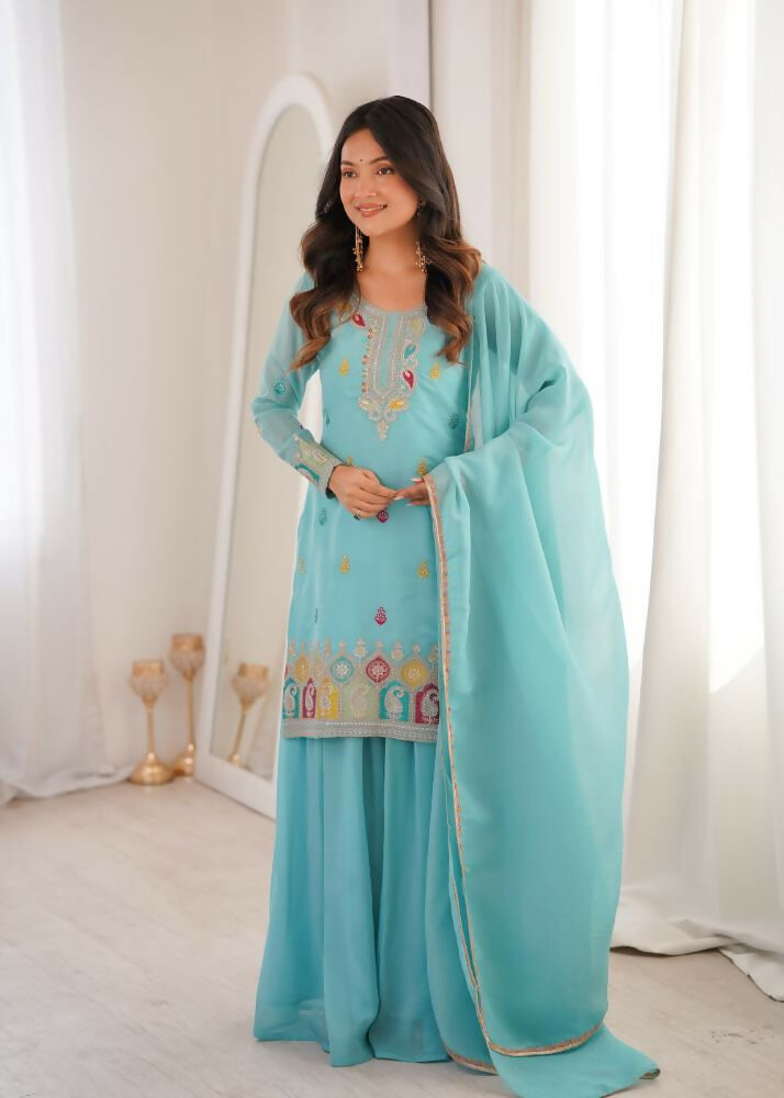 Lehenga Mart Designer Sharara Suit With Kurta, Sharara, Dupatta For Women-Sky Blue