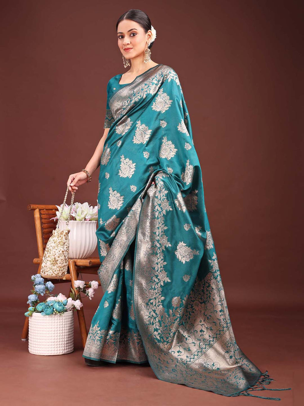 Anaita Turquoise Banarasi Silk Woven Work Saree With Blouse