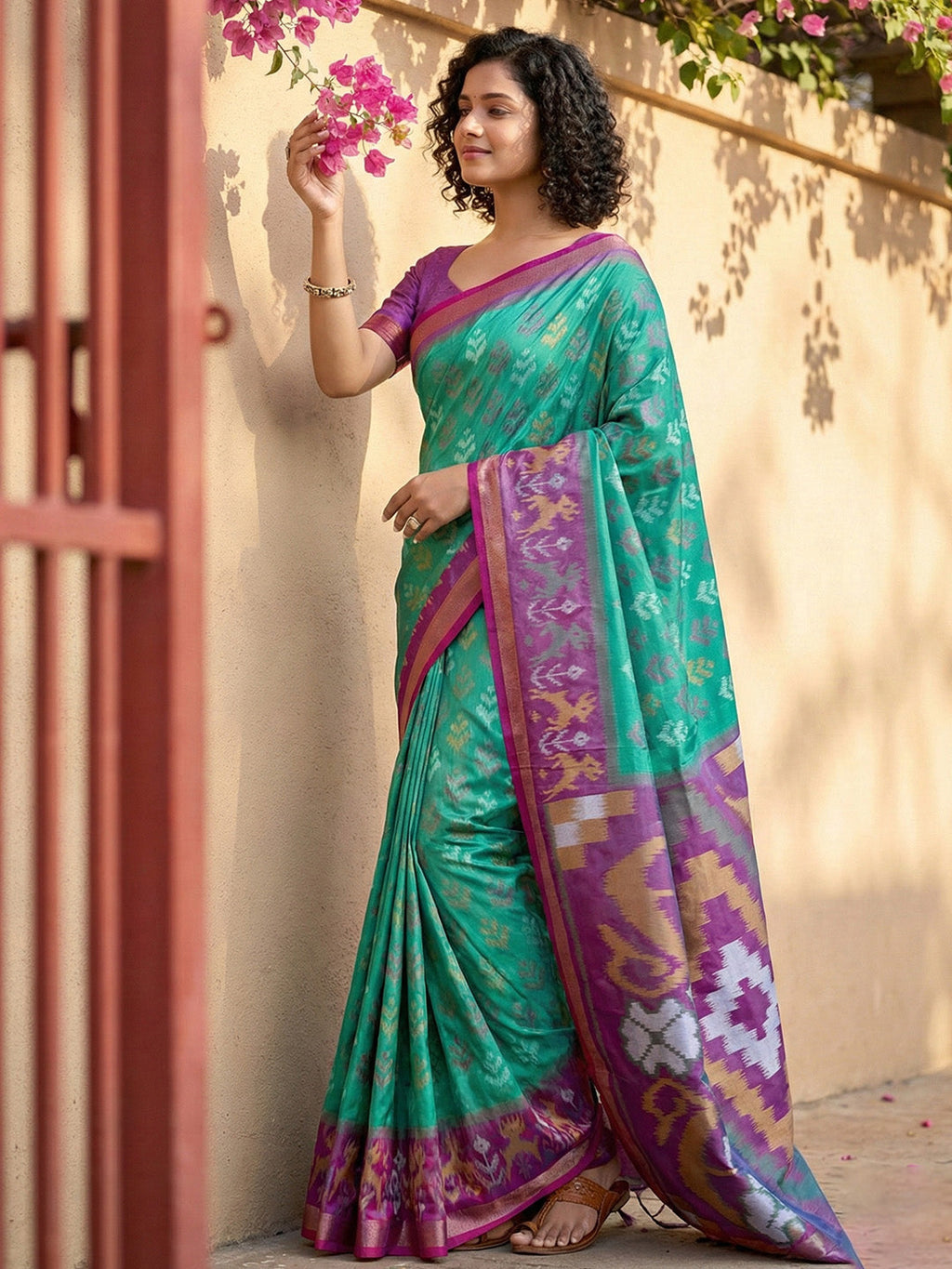 Anaita Turquoise Pochampally Printed Saree With Blouse