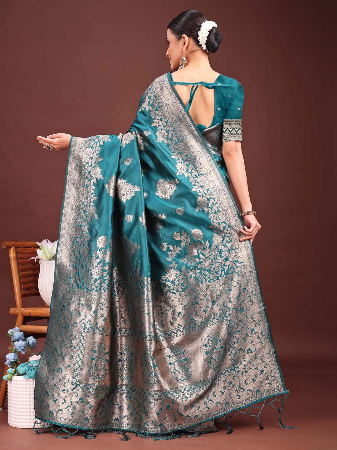 Anaita Turquoise Banarasi Silk Woven Work Saree With Blouse