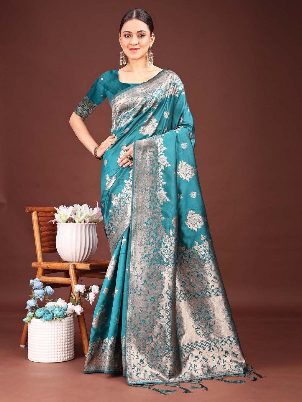 Anaita Turquoise Banarasi Silk Woven Work Saree With Blouse