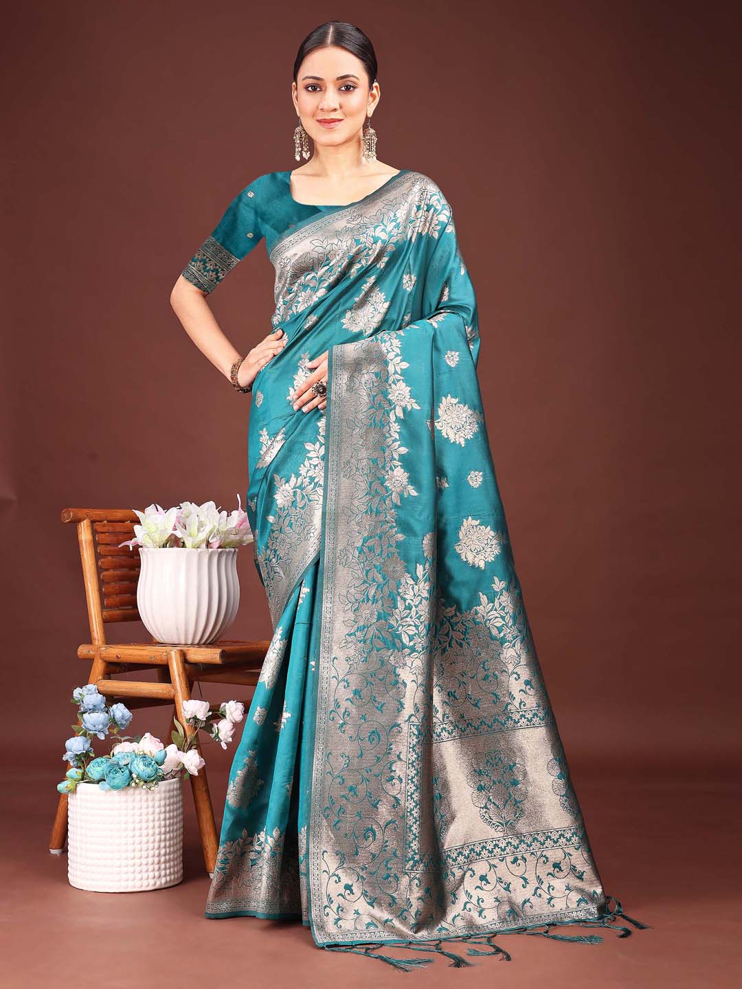 Anaita Turquoise Banarasi Silk Woven Work Saree With Blouse