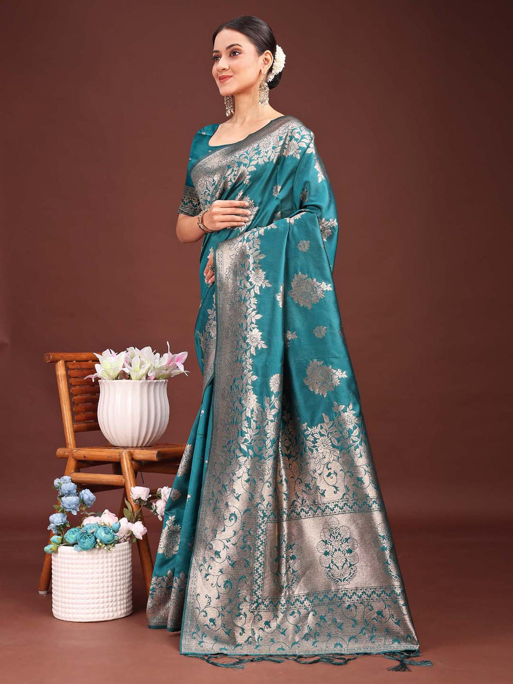 Anaita Turquoise Banarasi Silk Woven Work Saree With Blouse