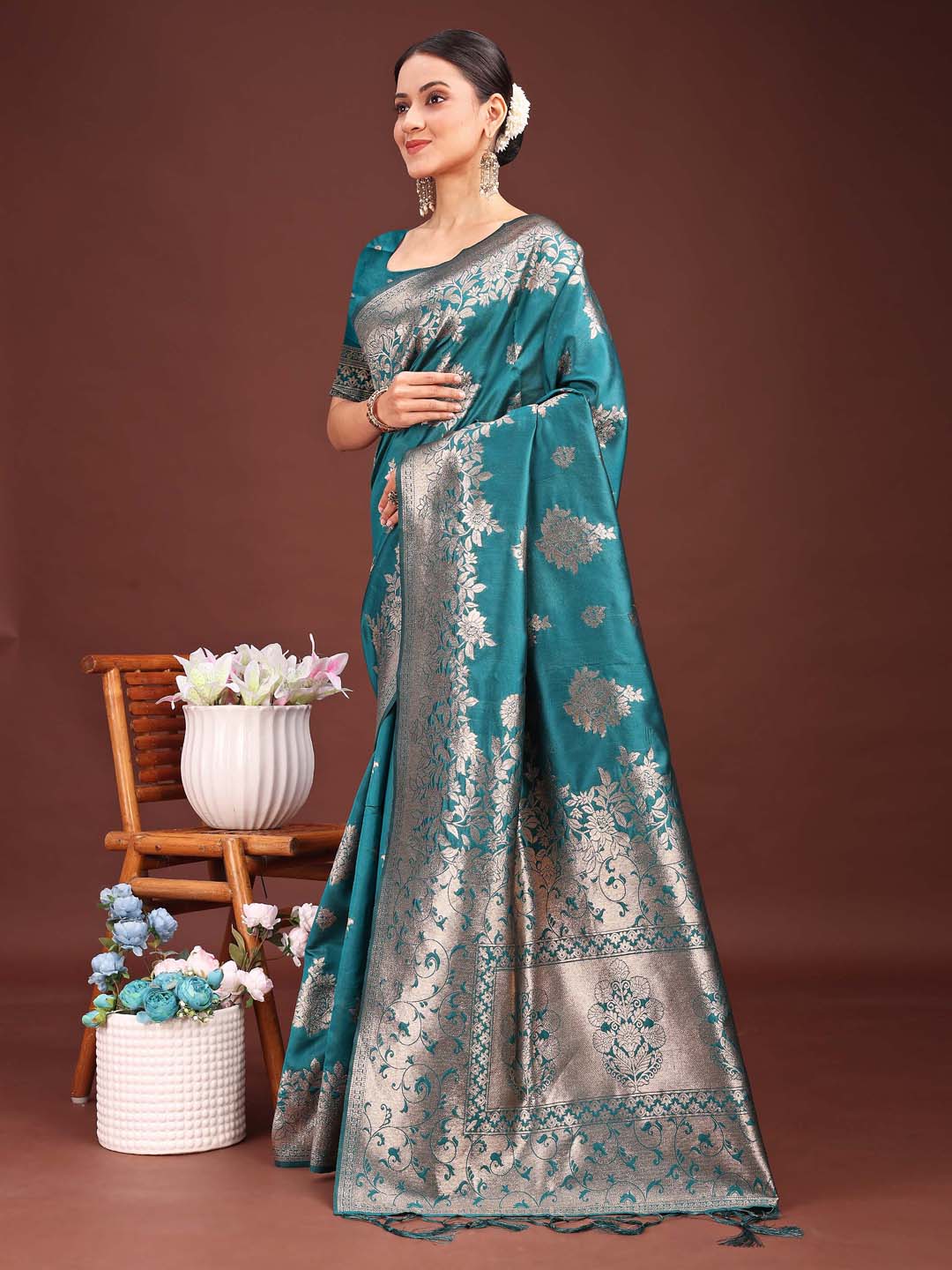 Anaita Turquoise Banarasi Silk Woven Work Saree With Blouse