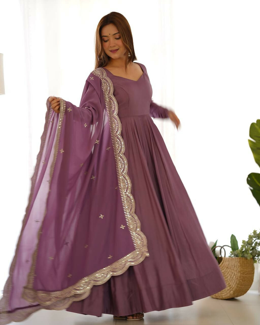 Lehenga Mart Designer Anarkali Suit With Kurta, Pant, Dupatta For Women-Mauve Pink