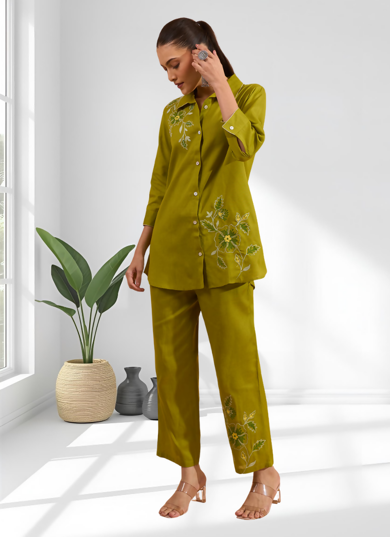 Joban Fashion Green Cotton, Linen Embroidered Readymade Cord Set