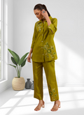 Joban Fashion Green Cotton, Linen Embroidered Readymade Cord Set