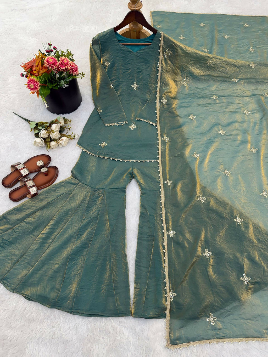 Teeya Creation New Womens Trendy Embroidery Sequence Work Teal Kurta Set