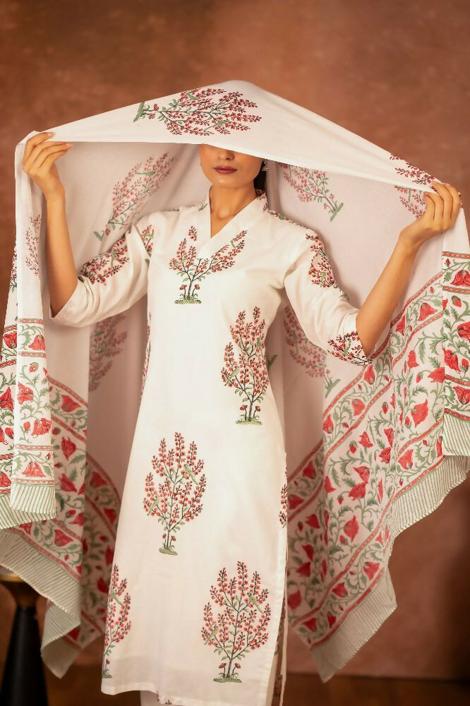 Joban Fashion Off White Pink Hand Block Printed Cotton Suit Set