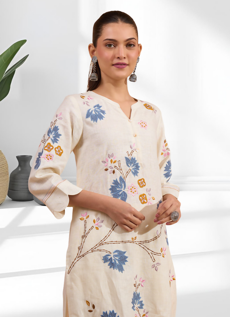 Joban Fashion Cream Linen Embroidered Readymade Long Kurta With Pant