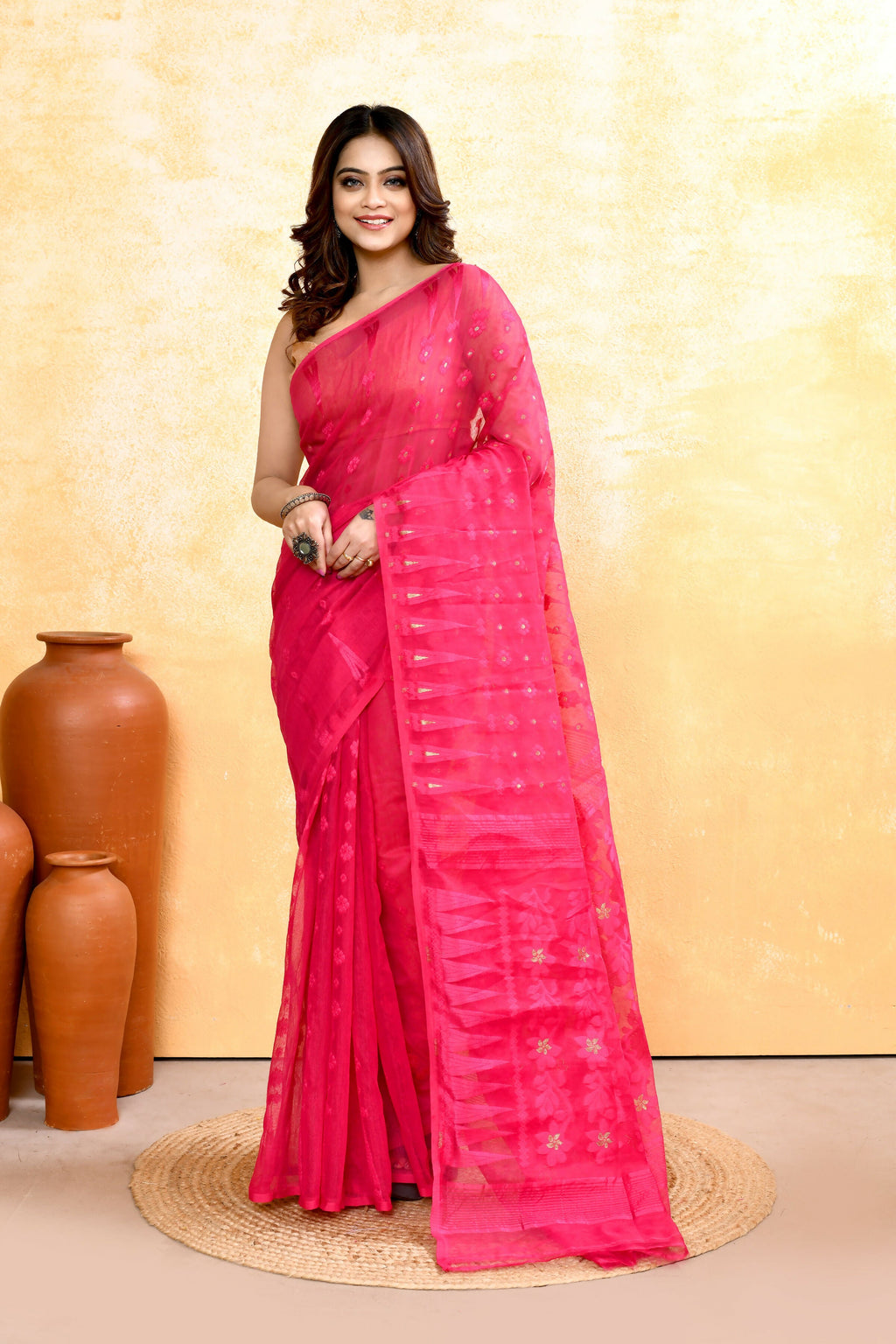 Piyari Fashion Women's Rani Pink Embellished Cotton Blend Jamdani Saree