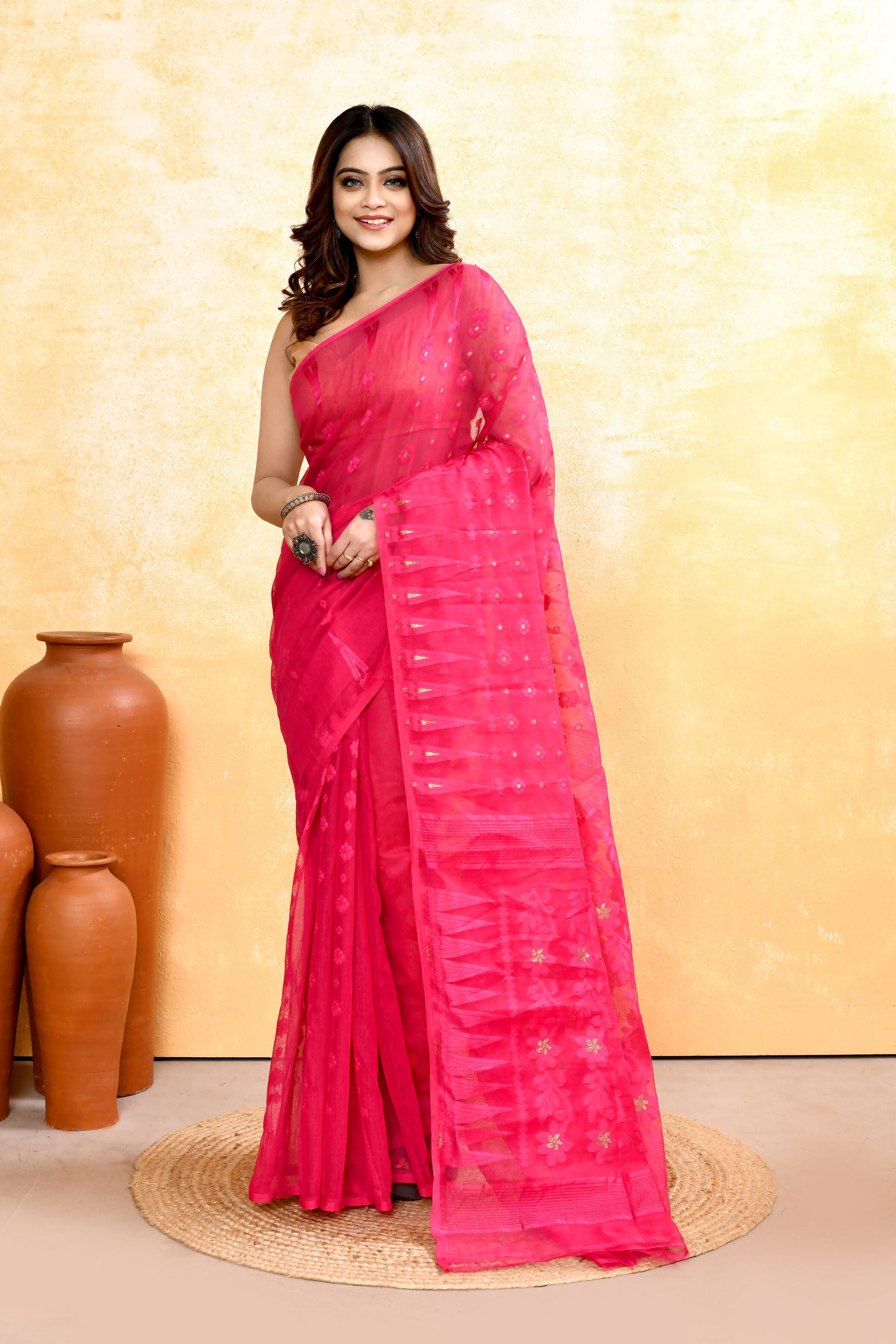 Piyari Fashion Women's Rani Pink Embellished Cotton Blend Jamdani Saree