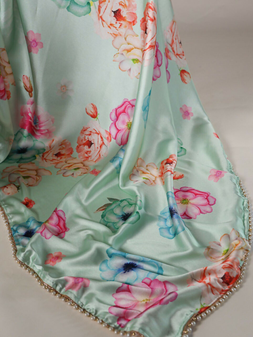 Vastranavya Pista Satin Silk Floral Printed with Pearl Lace Saree with Unstitched Blouse