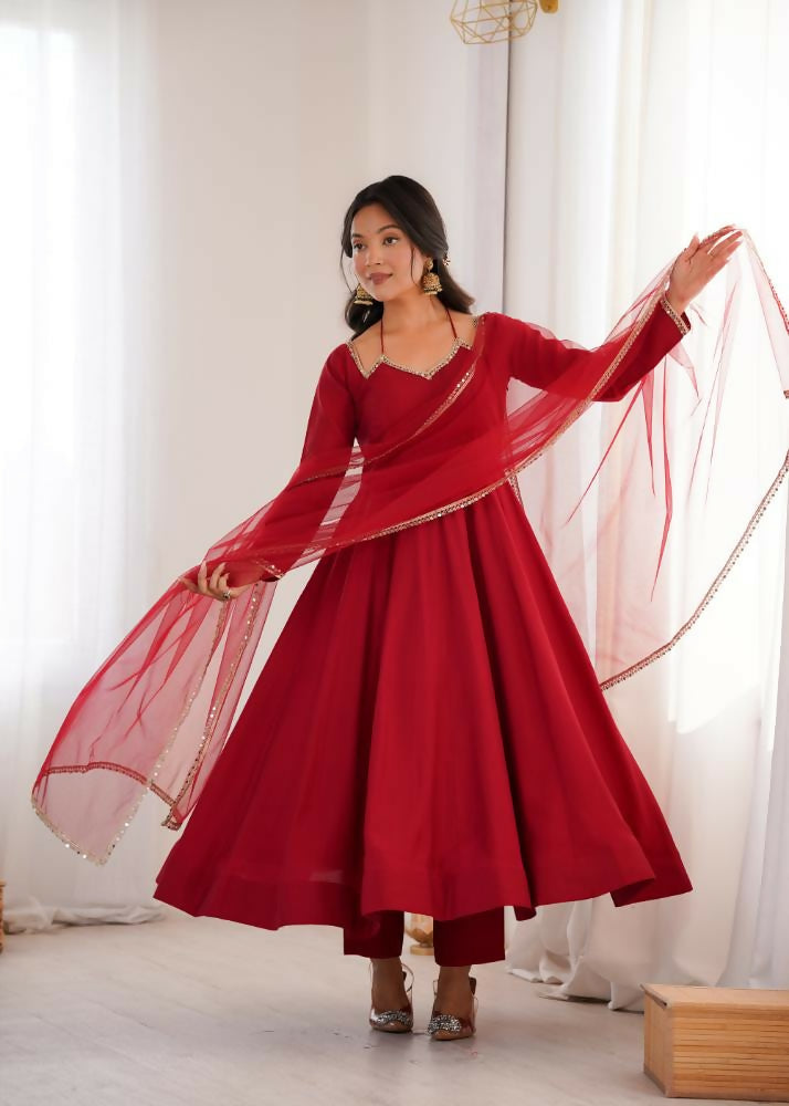 Lehenga Mart Designer Anarkali Suit With Kurta, Pant, Dupatta For Women-Maroon