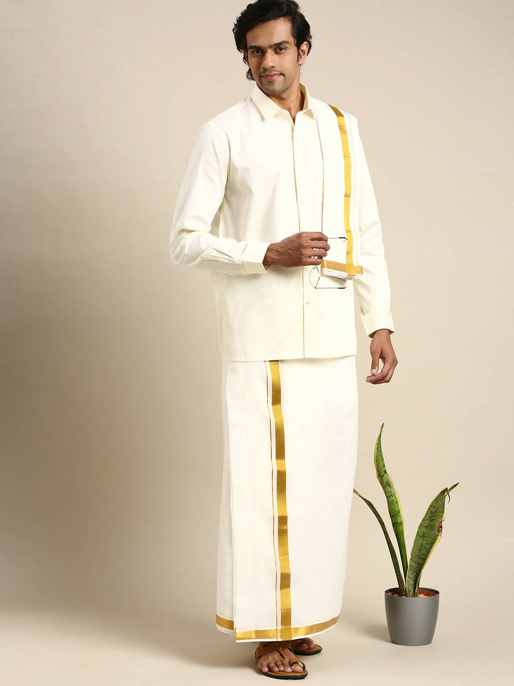 Ramraj Cotton Wedding Cream Zari Dhoti with shirt Bit & Towel Set Akshayam 50k
