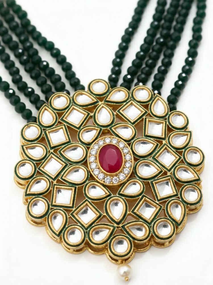 NVR Women Gold Plated Green Kundan Jewellery Set