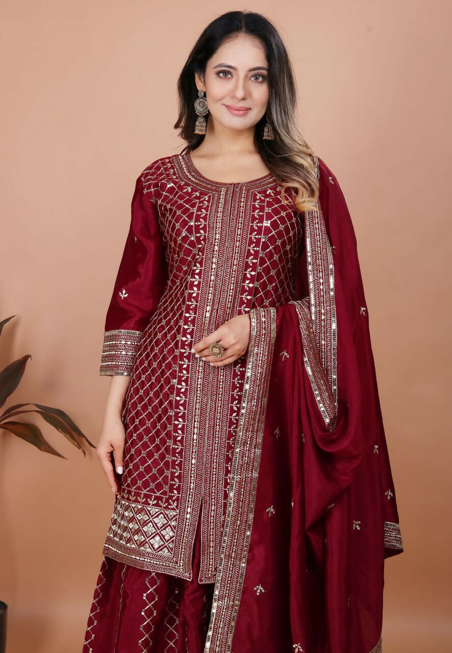 Teeya Creation Maroon Color Chinon Silk Embroidery Work Palazzo Set