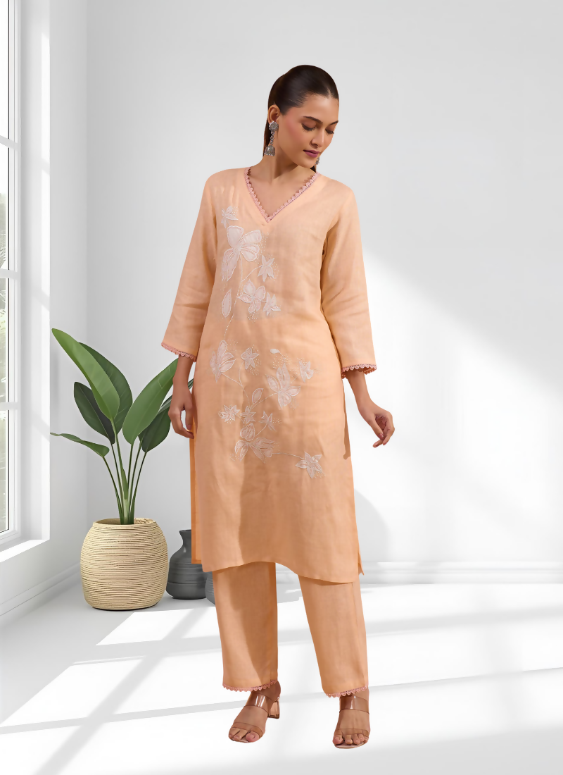 Joban Fashion Coral Linen Embroidered Readymade Long Kurta With Pant