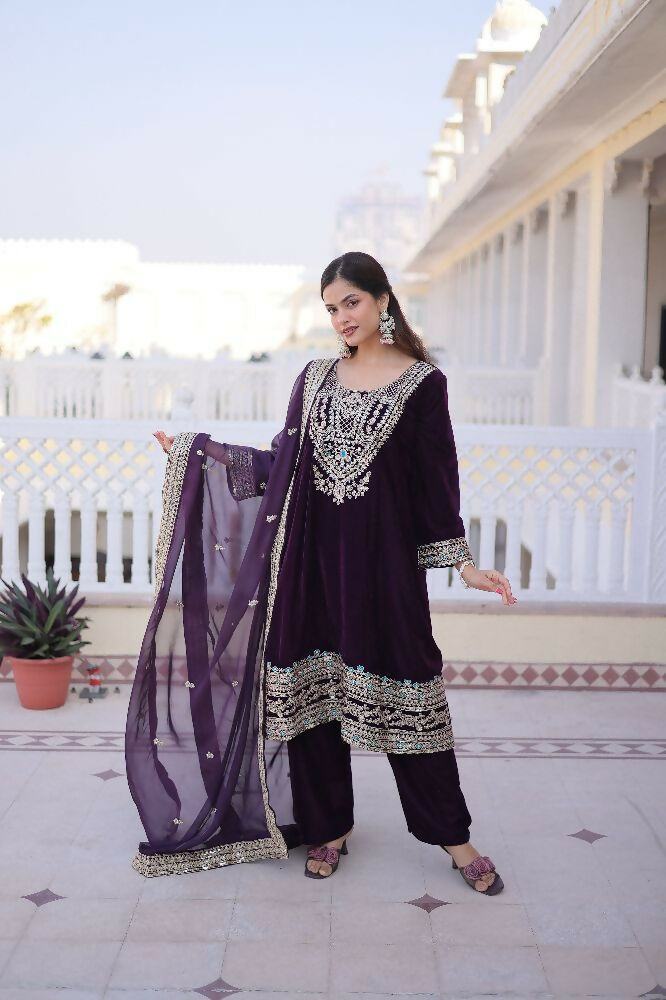 Joban Fashion Wine Kurta Set Velvet Sequins , Zari, Coding & Thread Embroidered work