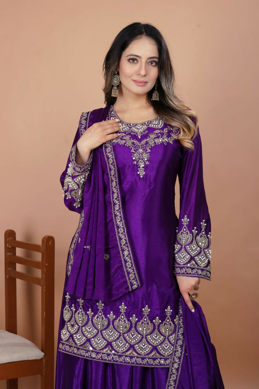 Joban Fashion Purple Silk Embroidered Sharara Set