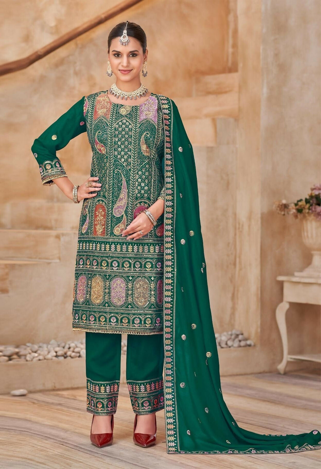 Anaita Green Vichitra Silk Readymade Suit with Embroidery & Lace Work