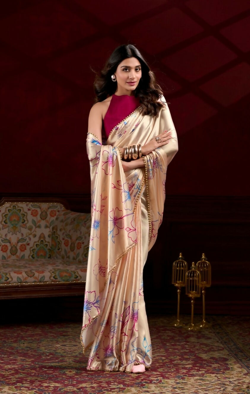 Vastranavya Cream Satin Silk Floral Printed with Pearl Lace Saree with Unstitched Blouse