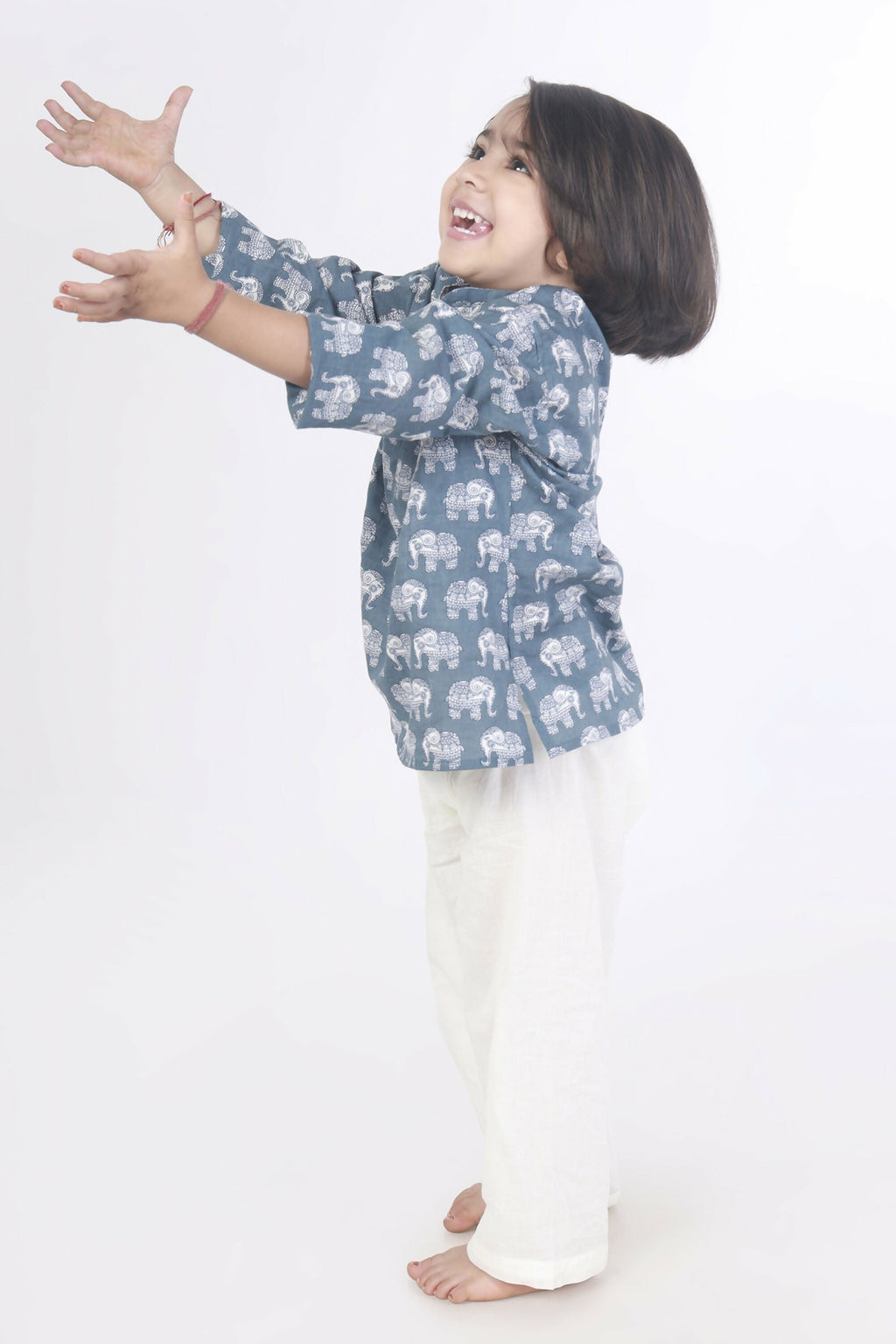 Breathables Kids Boys & Girls Cotton Night Suit – Grey Elephant Print Kurta & Pyjama Co-Ord Set