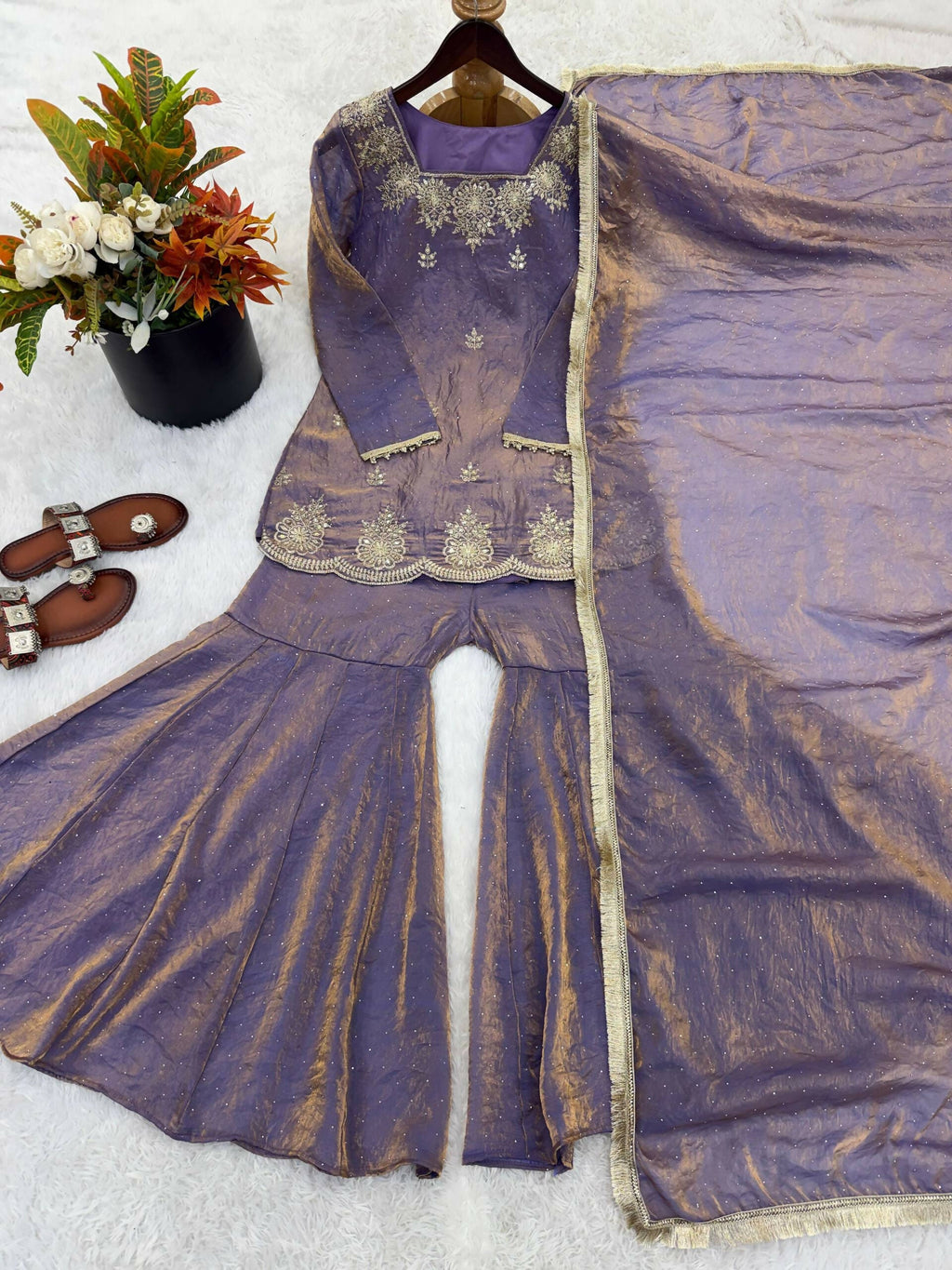 Teeya Creation Womens New Fancy Embroidery Sequence Work With Zarkan Diamond Work Lavender Kurta Set