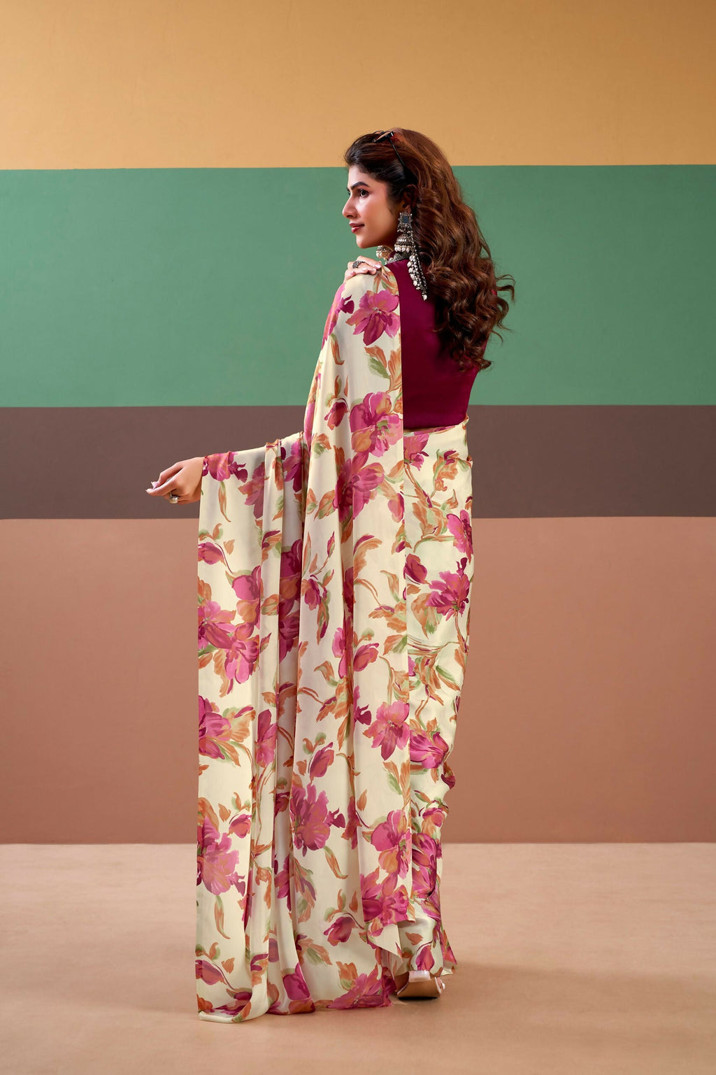 Vastranavya Pink Satin Silk Floral Printed Saree with Stitched Blouse