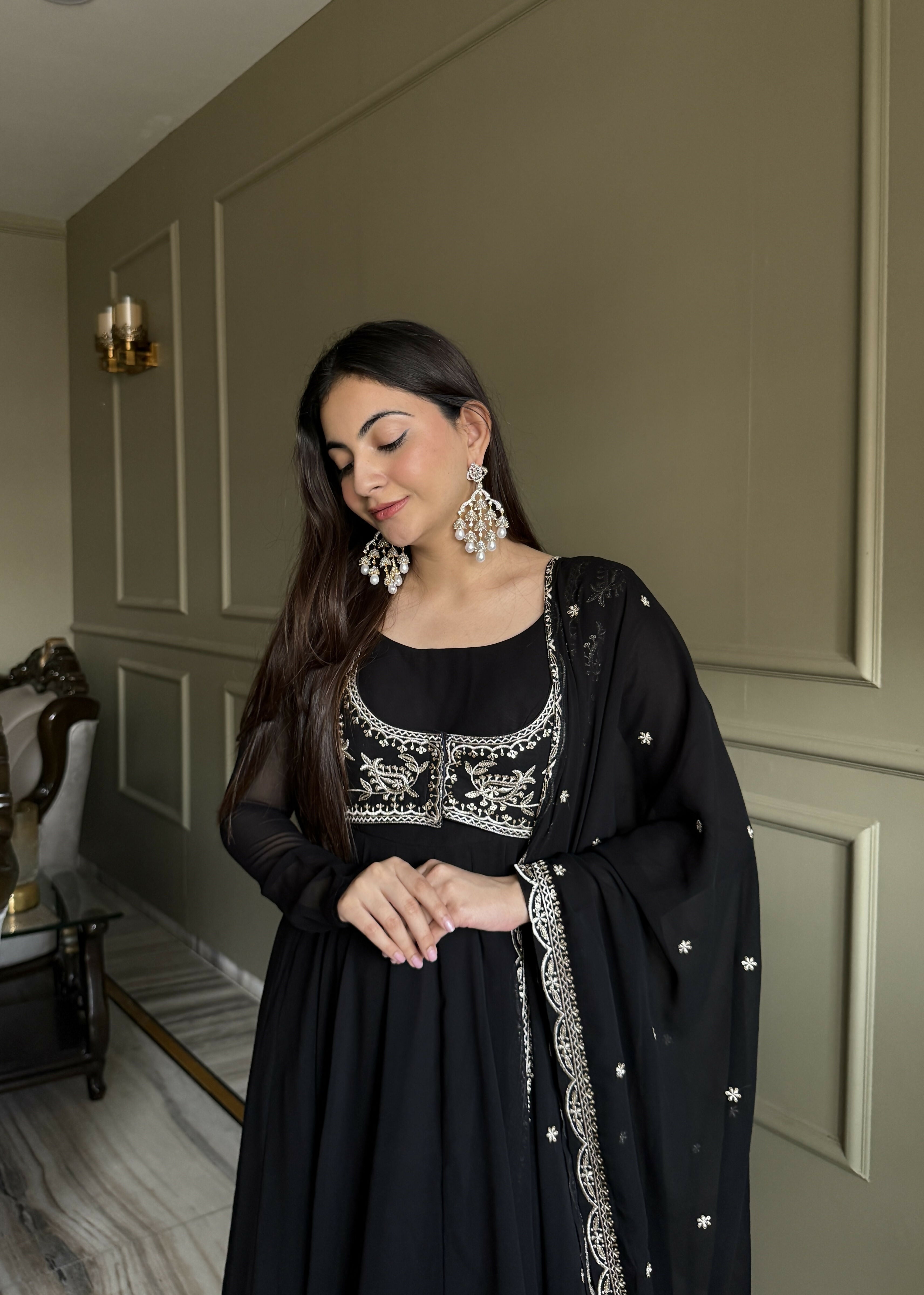 Teeya Creation Black Color Faux Georgette Heavy Embroidery Work Functional Wear Long Gown