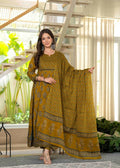 Jaimini Women Cotton Printed Round Neck 3/4 Sleeves Calf Length Flared Kurta Pant And Dupatta Set