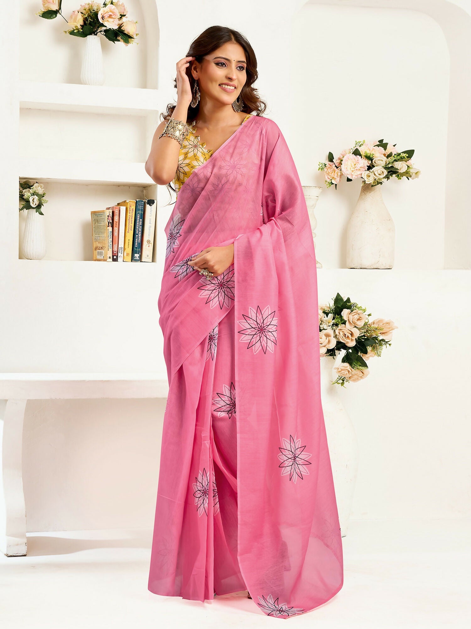 Joban Fashion Baby Pink Geomatric Linen Ready To Wear Saree With Unstitched Blouse