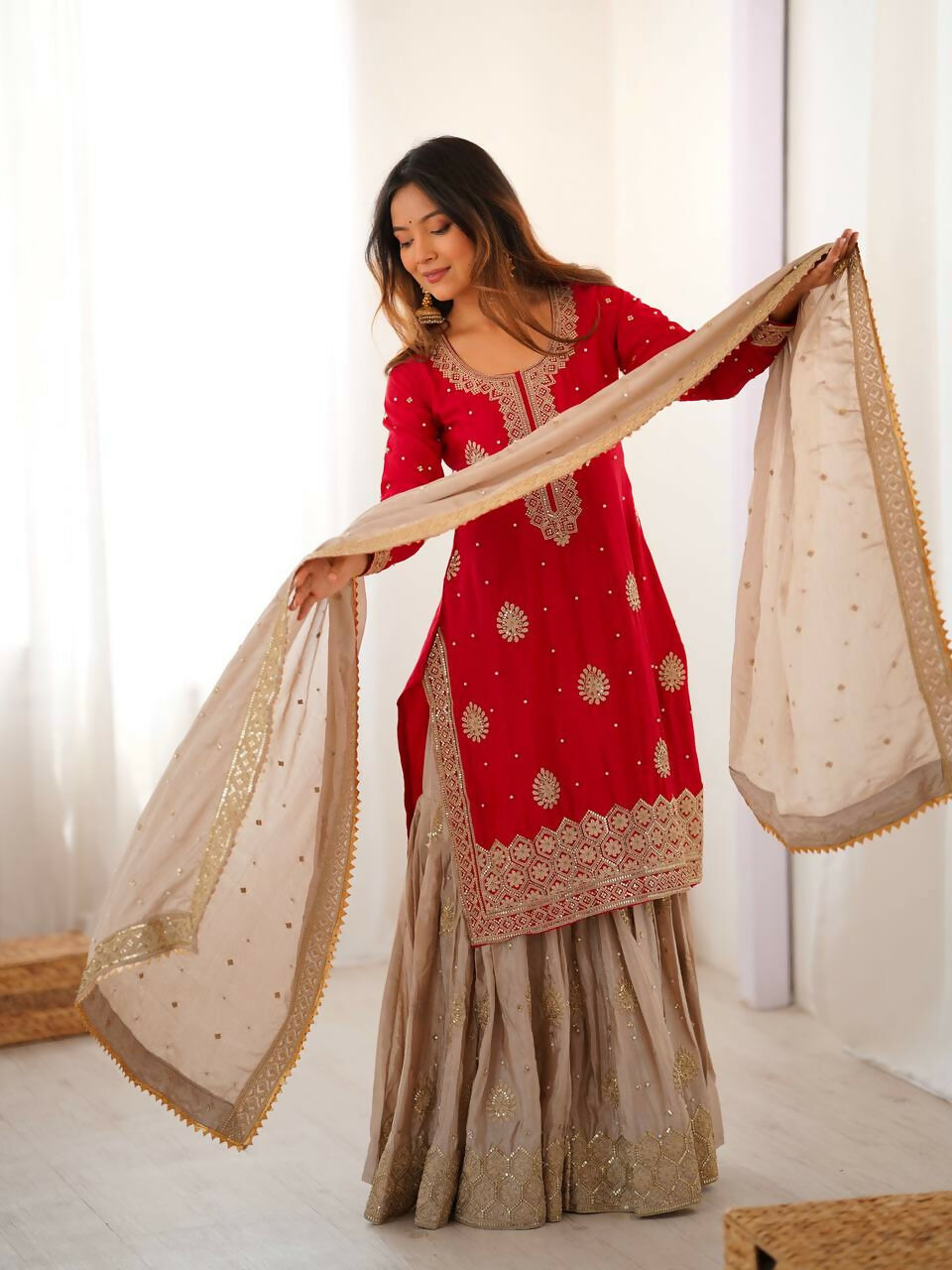Lehenga Mart Designer Sharara Suit With Kurta, Sharara, Dupatta For Women-Red