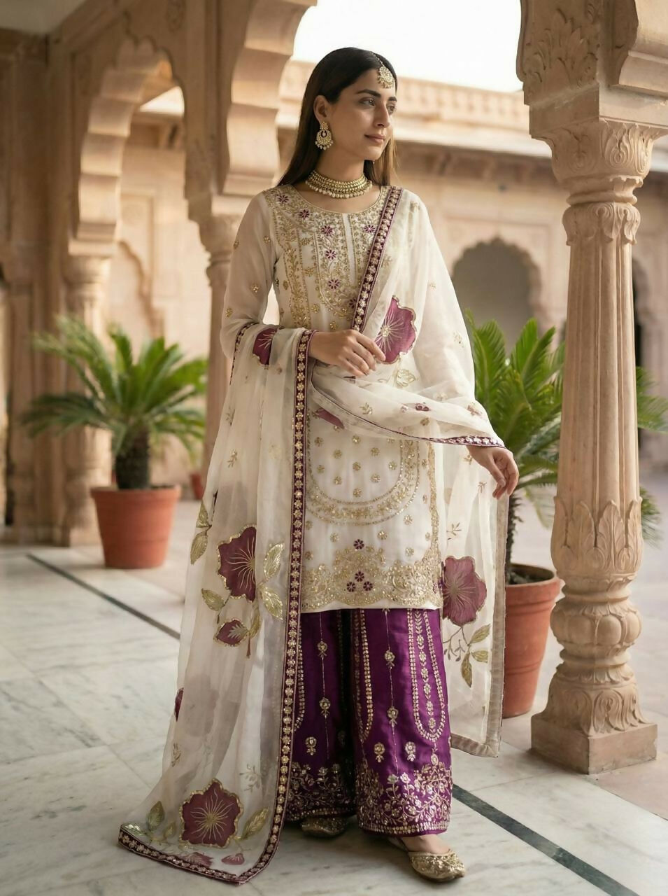 Teeya Creation Wine Gimmy Silk Designer Embroidery Work Wedding Wear Palazzo Pair
