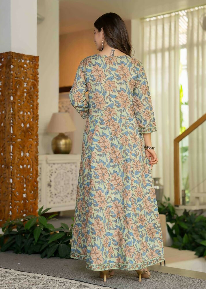 Jaimini Women Cotton Printed V-Neck 3/4 Sleeves Calf Length Flared Kurta Pant And Dupatta Set