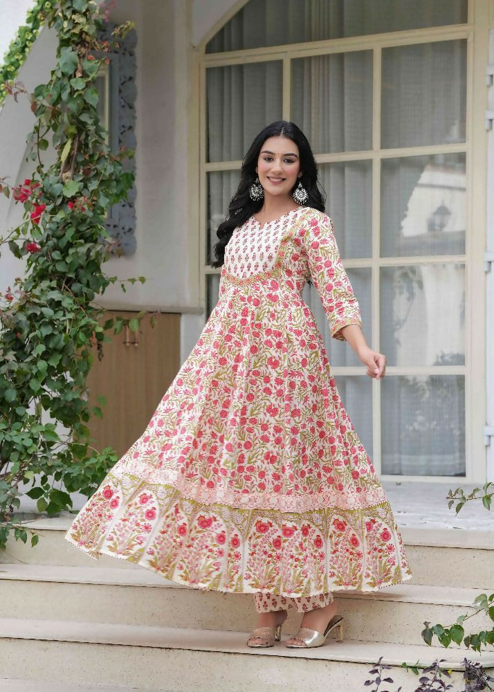 Jaimini Women Cotton Printed Round Neck Calf Length Flared Kurta Pant And Dupatta Set