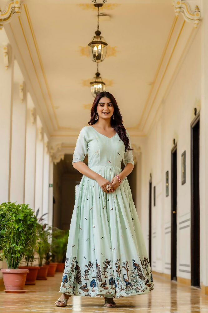 Teeya Creation Mint Green Chinnon Heavy Work Long Wedding Gown