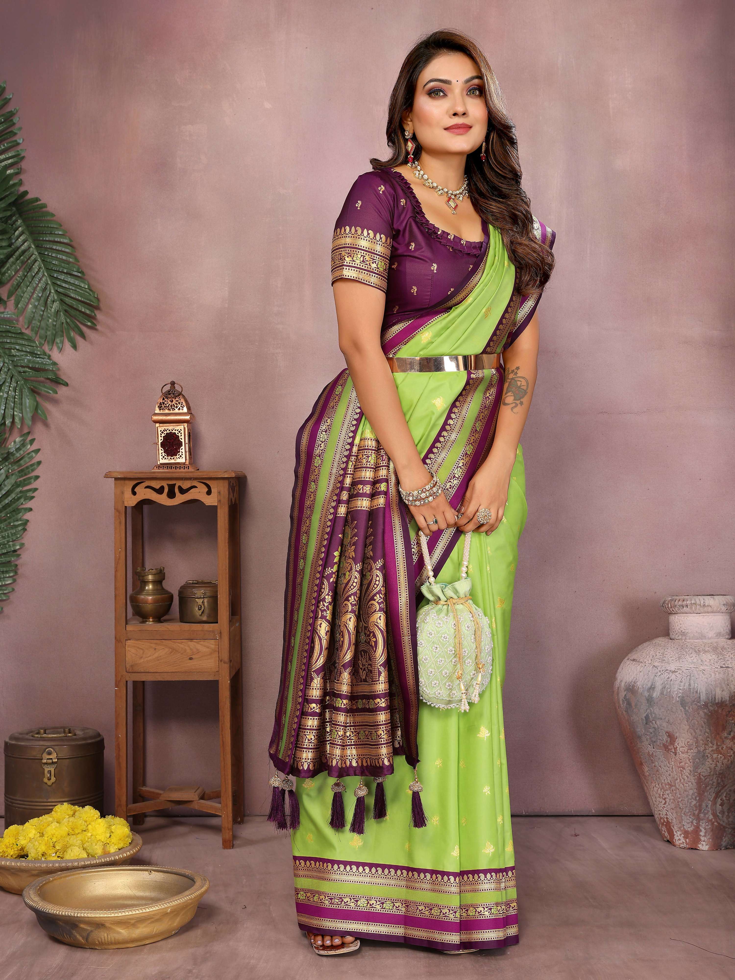 Aastha Fashion Parrot Green Kalamkari Silk Weaving Saree