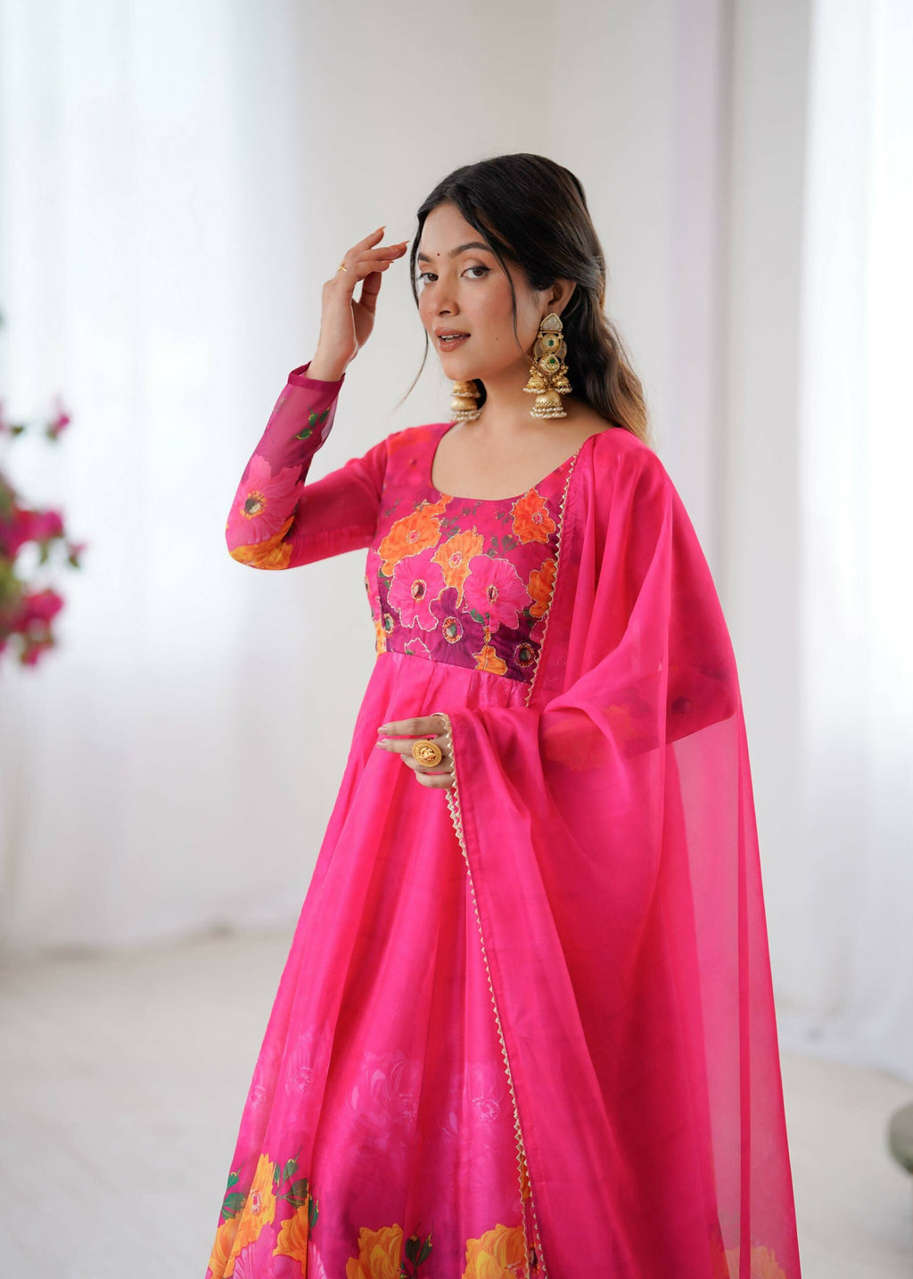 Teeya Creation Womens New Organza Soft Taby Silk Heavy Quality Fabric With Digital Print Pink Gown Set